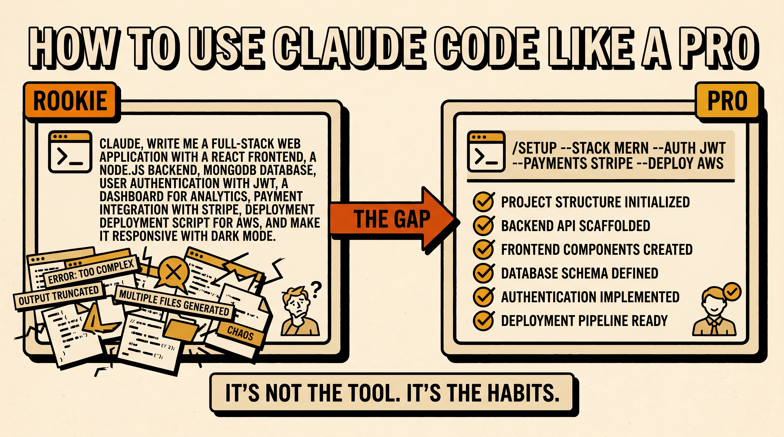 Letterpress infographic of a first-week Claude Code build stack