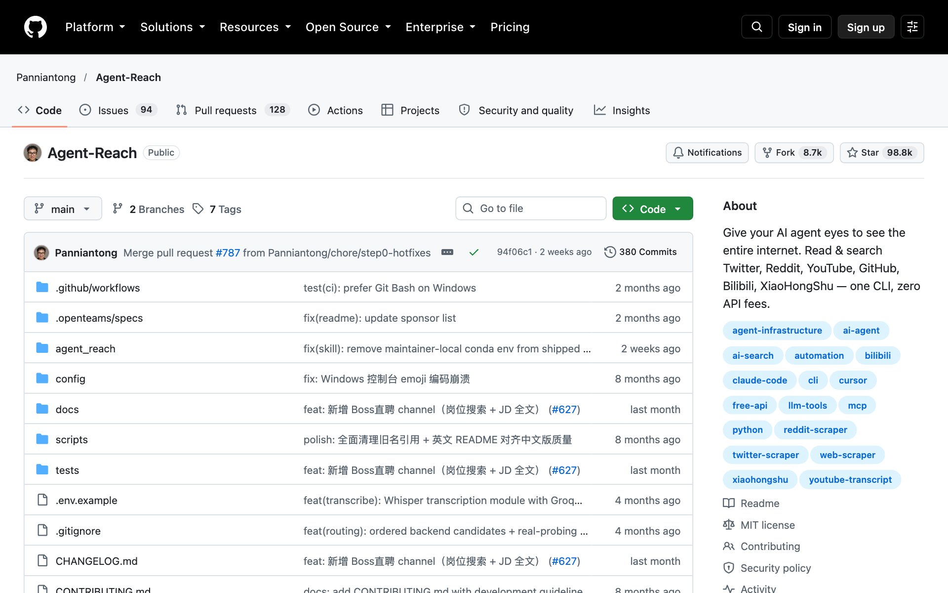 The Agent Reach GitHub page showing its star count, MIT license and the Install Agent Reach sentence
